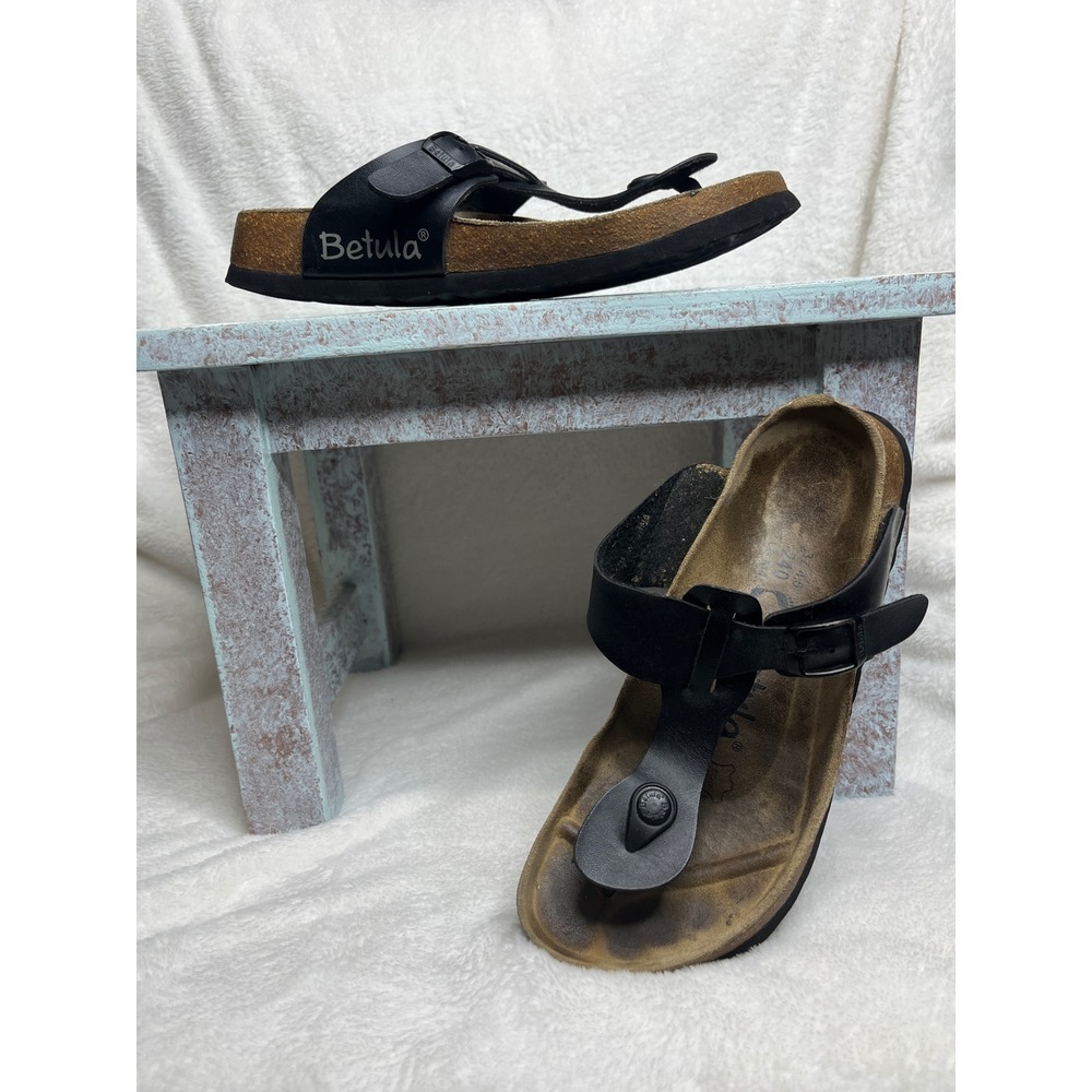 Betula‎ Black Leather Thong Sandal Cork Footbed Adjustable Strap Women US 7.5